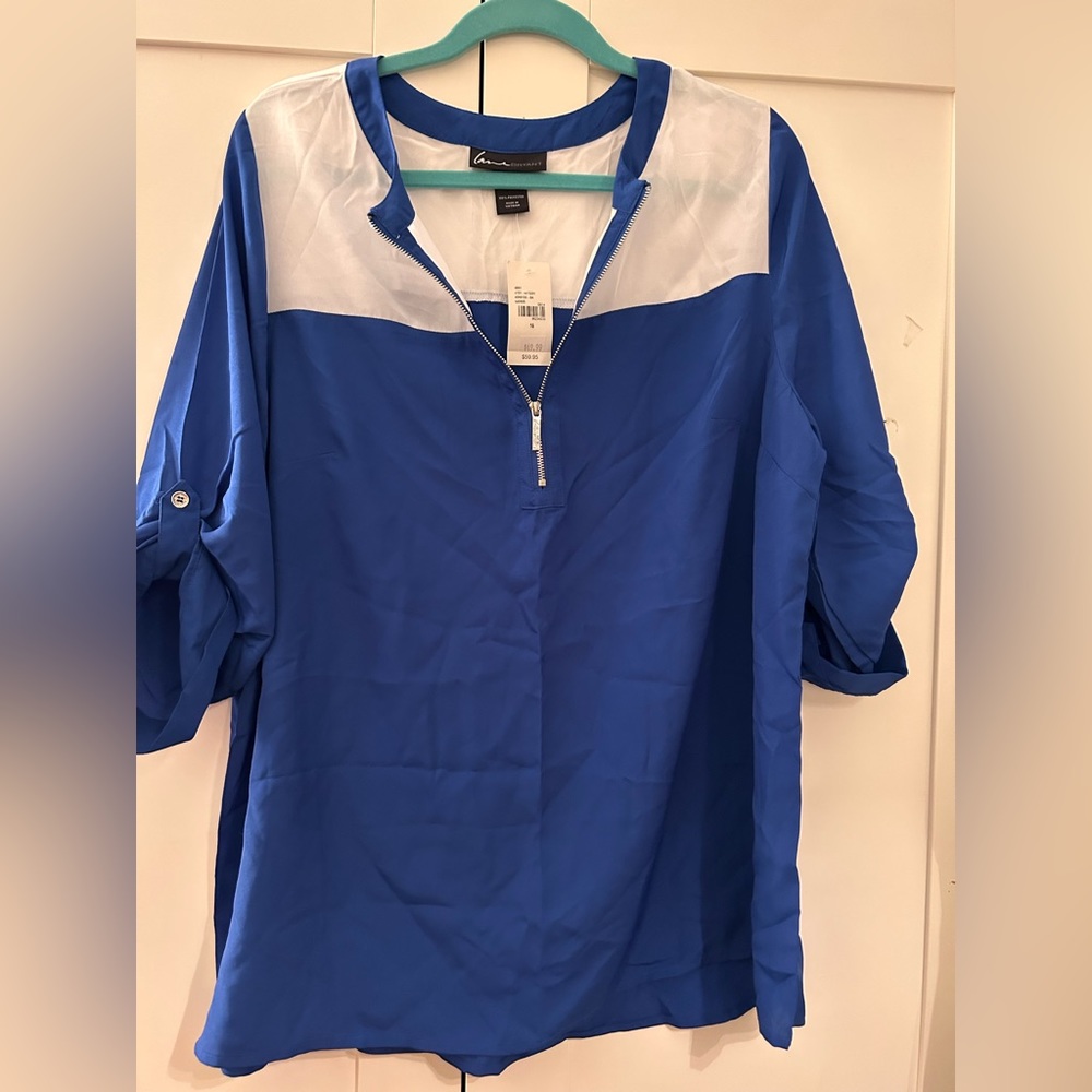 Blue and top, 3/4 sleeve blouse, 14/16 new with tags. Wear to work or with jeans